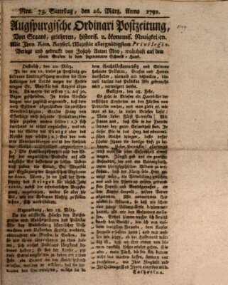 Augsburgische Ordinari Postzeitung von Staats-, gelehrten, historisch- u. ökonomischen Neuigkeiten (Augsburger Postzeitung) Samstag 26. März 1791