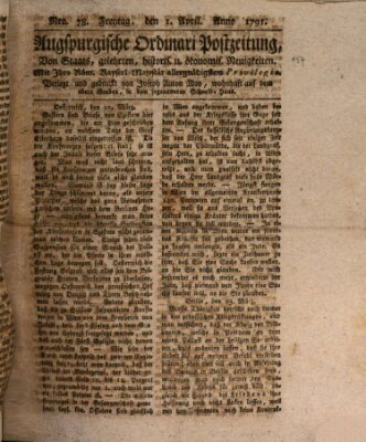 Augsburgische Ordinari Postzeitung von Staats-, gelehrten, historisch- u. ökonomischen Neuigkeiten (Augsburger Postzeitung) Freitag 1. April 1791