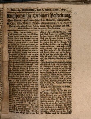 Augsburgische Ordinari Postzeitung von Staats-, gelehrten, historisch- u. ökonomischen Neuigkeiten (Augsburger Postzeitung) Donnerstag 7. April 1791