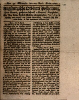 Augsburgische Ordinari Postzeitung von Staats-, gelehrten, historisch- u. ökonomischen Neuigkeiten (Augsburger Postzeitung) Mittwoch 20. April 1791