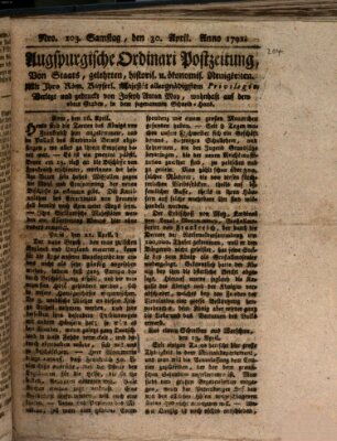 Augsburgische Ordinari Postzeitung von Staats-, gelehrten, historisch- u. ökonomischen Neuigkeiten (Augsburger Postzeitung) Samstag 30. April 1791