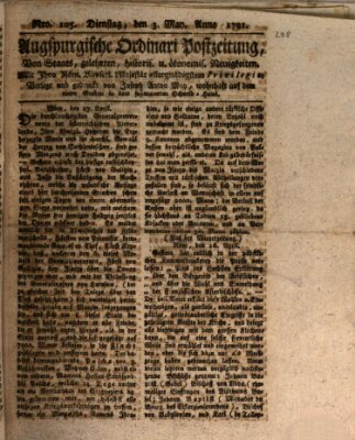 Augsburgische Ordinari Postzeitung von Staats-, gelehrten, historisch- u. ökonomischen Neuigkeiten (Augsburger Postzeitung) Dienstag 3. Mai 1791