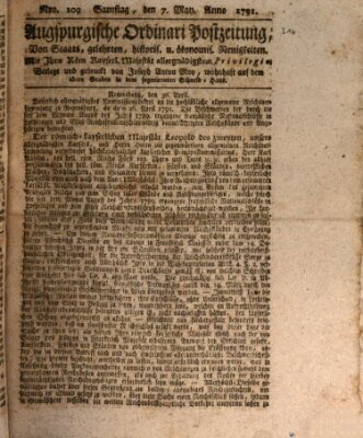 Augsburgische Ordinari Postzeitung von Staats-, gelehrten, historisch- u. ökonomischen Neuigkeiten (Augsburger Postzeitung) Samstag 7. Mai 1791