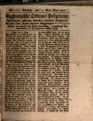 Augsburgische Ordinari Postzeitung von Staats-, gelehrten, historisch- u. ökonomischen Neuigkeiten (Augsburger Postzeitung) Dienstag 10. Mai 1791