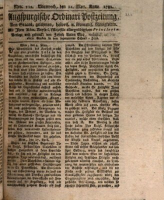 Augsburgische Ordinari Postzeitung von Staats-, gelehrten, historisch- u. ökonomischen Neuigkeiten (Augsburger Postzeitung) Mittwoch 11. Mai 1791