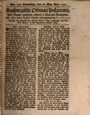 Augsburgische Ordinari Postzeitung von Staats-, gelehrten, historisch- u. ökonomischen Neuigkeiten (Augsburger Postzeitung) Donnerstag 26. Mai 1791