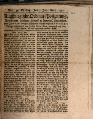 Augsburgische Ordinari Postzeitung von Staats-, gelehrten, historisch- u. ökonomischen Neuigkeiten (Augsburger Postzeitung) Dienstag 7. Juni 1791