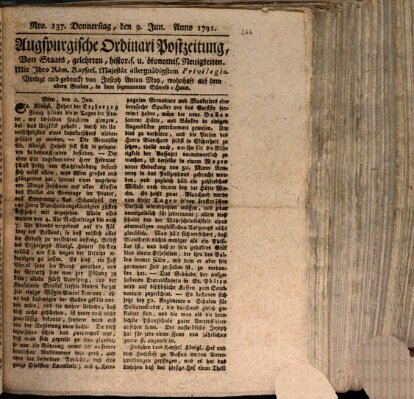 Augsburgische Ordinari Postzeitung von Staats-, gelehrten, historisch- u. ökonomischen Neuigkeiten (Augsburger Postzeitung) Donnerstag 9. Juni 1791