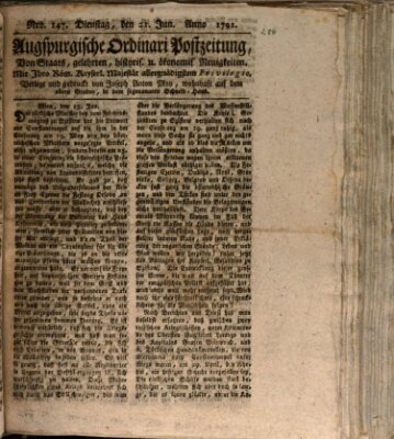 Augsburgische Ordinari Postzeitung von Staats-, gelehrten, historisch- u. ökonomischen Neuigkeiten (Augsburger Postzeitung) Dienstag 21. Juni 1791