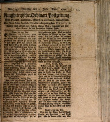 Augsburgische Ordinari Postzeitung von Staats-, gelehrten, historisch- u. ökonomischen Neuigkeiten (Augsburger Postzeitung) Samstag 2. Juli 1791