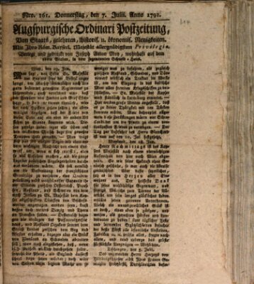 Augsburgische Ordinari Postzeitung von Staats-, gelehrten, historisch- u. ökonomischen Neuigkeiten (Augsburger Postzeitung) Donnerstag 7. Juli 1791