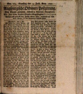 Augsburgische Ordinari Postzeitung von Staats-, gelehrten, historisch- u. ökonomischen Neuigkeiten (Augsburger Postzeitung) Samstag 9. Juli 1791