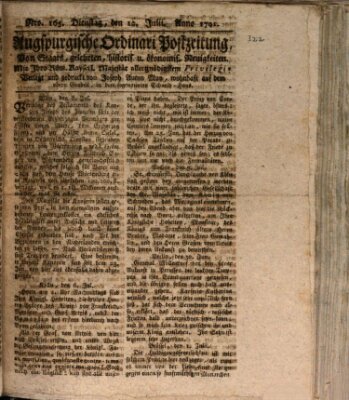 Augsburgische Ordinari Postzeitung von Staats-, gelehrten, historisch- u. ökonomischen Neuigkeiten (Augsburger Postzeitung) Dienstag 12. Juli 1791