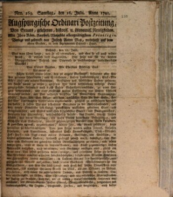 Augsburgische Ordinari Postzeitung von Staats-, gelehrten, historisch- u. ökonomischen Neuigkeiten (Augsburger Postzeitung) Samstag 16. Juli 1791