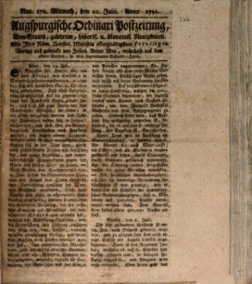 Augsburgische Ordinari Postzeitung von Staats-, gelehrten, historisch- u. ökonomischen Neuigkeiten (Augsburger Postzeitung) Mittwoch 20. Juli 1791