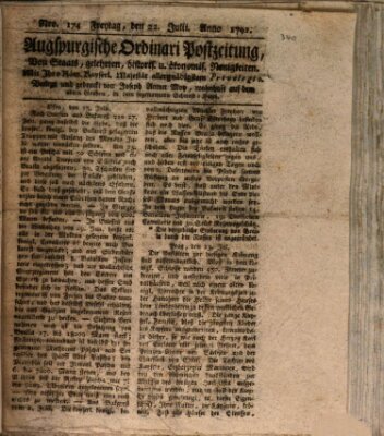 Augsburgische Ordinari Postzeitung von Staats-, gelehrten, historisch- u. ökonomischen Neuigkeiten (Augsburger Postzeitung) Freitag 22. Juli 1791