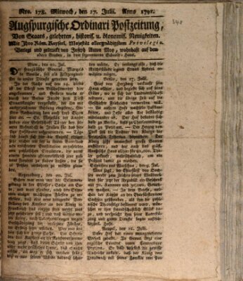 Augsburgische Ordinari Postzeitung von Staats-, gelehrten, historisch- u. ökonomischen Neuigkeiten (Augsburger Postzeitung) Mittwoch 27. Juli 1791