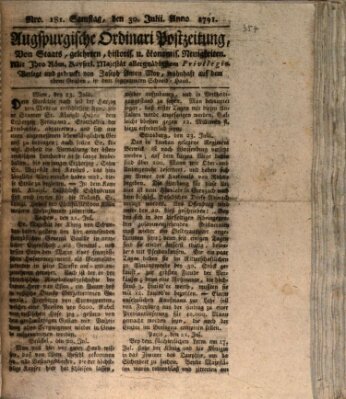 Augsburgische Ordinari Postzeitung von Staats-, gelehrten, historisch- u. ökonomischen Neuigkeiten (Augsburger Postzeitung) Samstag 30. Juli 1791