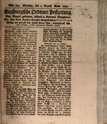 Augsburgische Ordinari Postzeitung von Staats-, gelehrten, historisch- u. ökonomischen Neuigkeiten (Augsburger Postzeitung) Dienstag 2. August 1791