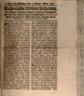 Augsburgische Ordinari Postzeitung von Staats-, gelehrten, historisch- u. ökonomischen Neuigkeiten (Augsburger Postzeitung) Dienstag 9. August 1791