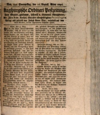 Augsburgische Ordinari Postzeitung von Staats-, gelehrten, historisch- u. ökonomischen Neuigkeiten (Augsburger Postzeitung) Donnerstag 11. August 1791