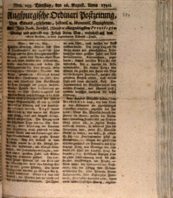 Augsburgische Ordinari Postzeitung von Staats-, gelehrten, historisch- u. ökonomischen Neuigkeiten (Augsburger Postzeitung) Dienstag 16. August 1791