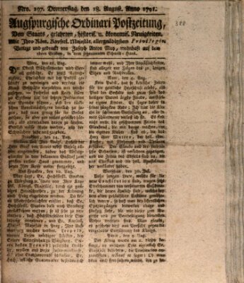 Augsburgische Ordinari Postzeitung von Staats-, gelehrten, historisch- u. ökonomischen Neuigkeiten (Augsburger Postzeitung) Donnerstag 18. August 1791