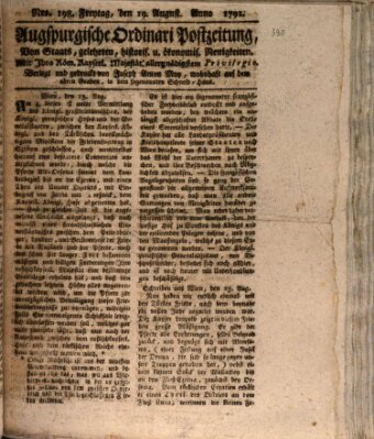 Augsburgische Ordinari Postzeitung von Staats-, gelehrten, historisch- u. ökonomischen Neuigkeiten (Augsburger Postzeitung) Freitag 19. August 1791