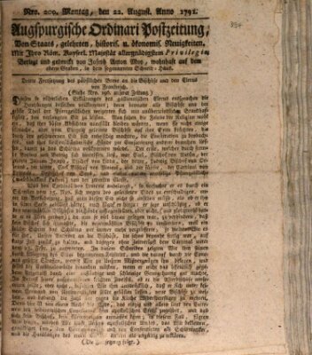 Augsburgische Ordinari Postzeitung von Staats-, gelehrten, historisch- u. ökonomischen Neuigkeiten (Augsburger Postzeitung) Montag 22. August 1791