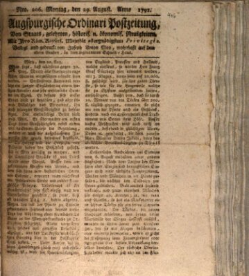 Augsburgische Ordinari Postzeitung von Staats-, gelehrten, historisch- u. ökonomischen Neuigkeiten (Augsburger Postzeitung) Montag 29. August 1791