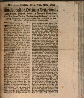 Augsburgische Ordinari Postzeitung von Staats-, gelehrten, historisch- u. ökonomischen Neuigkeiten (Augsburger Postzeitung) Freitag 2. September 1791