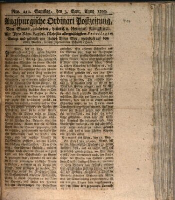 Augsburgische Ordinari Postzeitung von Staats-, gelehrten, historisch- u. ökonomischen Neuigkeiten (Augsburger Postzeitung) Samstag 3. September 1791