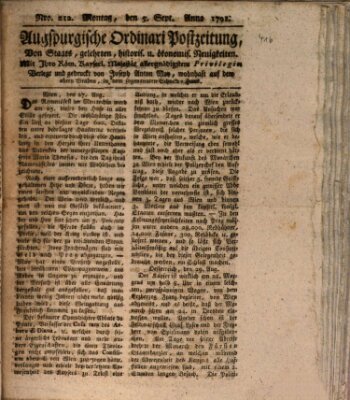 Augsburgische Ordinari Postzeitung von Staats-, gelehrten, historisch- u. ökonomischen Neuigkeiten (Augsburger Postzeitung) Montag 5. September 1791