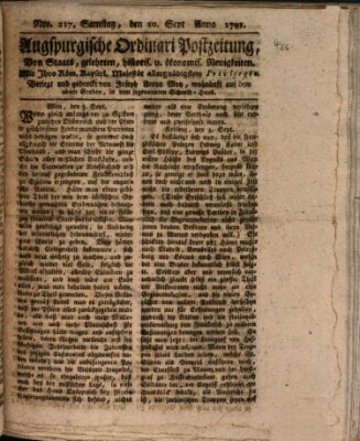 Augsburgische Ordinari Postzeitung von Staats-, gelehrten, historisch- u. ökonomischen Neuigkeiten (Augsburger Postzeitung) Samstag 10. September 1791