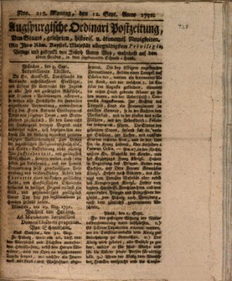 Augsburgische Ordinari Postzeitung von Staats-, gelehrten, historisch- u. ökonomischen Neuigkeiten (Augsburger Postzeitung) Montag 12. September 1791