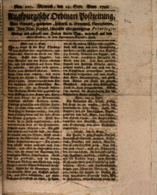 Augsburgische Ordinari Postzeitung von Staats-, gelehrten, historisch- u. ökonomischen Neuigkeiten (Augsburger Postzeitung) Mittwoch 14. September 1791