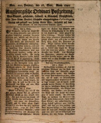 Augsburgische Ordinari Postzeitung von Staats-, gelehrten, historisch- u. ökonomischen Neuigkeiten (Augsburger Postzeitung) Freitag 16. September 1791