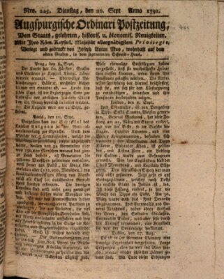 Augsburgische Ordinari Postzeitung von Staats-, gelehrten, historisch- u. ökonomischen Neuigkeiten (Augsburger Postzeitung) Dienstag 20. September 1791