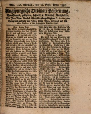 Augsburgische Ordinari Postzeitung von Staats-, gelehrten, historisch- u. ökonomischen Neuigkeiten (Augsburger Postzeitung) Mittwoch 21. September 1791