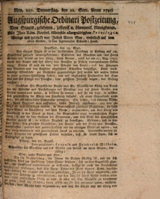 Augsburgische Ordinari Postzeitung von Staats-, gelehrten, historisch- u. ökonomischen Neuigkeiten (Augsburger Postzeitung) Donnerstag 22. September 1791