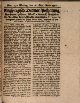 Augsburgische Ordinari Postzeitung von Staats-, gelehrten, historisch- u. ökonomischen Neuigkeiten (Augsburger Postzeitung) Montag 26. September 1791