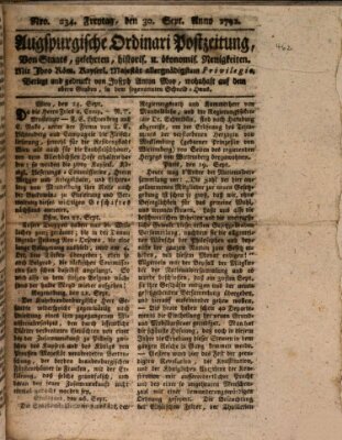 Augsburgische Ordinari Postzeitung von Staats-, gelehrten, historisch- u. ökonomischen Neuigkeiten (Augsburger Postzeitung) Freitag 30. September 1791