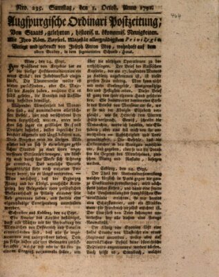 Augsburgische Ordinari Postzeitung von Staats-, gelehrten, historisch- u. ökonomischen Neuigkeiten (Augsburger Postzeitung) Samstag 1. Oktober 1791