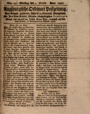 Augsburgische Ordinari Postzeitung von Staats-, gelehrten, historisch- u. ökonomischen Neuigkeiten (Augsburger Postzeitung) Dienstag 4. Oktober 1791