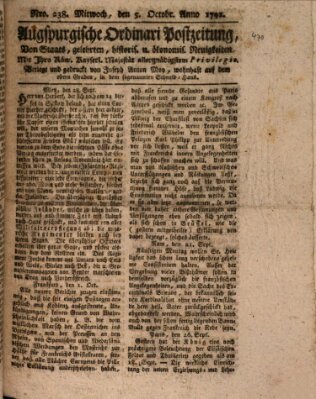 Augsburgische Ordinari Postzeitung von Staats-, gelehrten, historisch- u. ökonomischen Neuigkeiten (Augsburger Postzeitung) Mittwoch 5. Oktober 1791