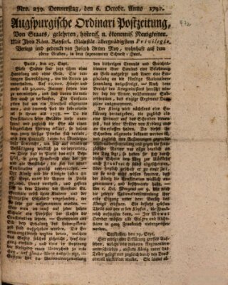 Augsburgische Ordinari Postzeitung von Staats-, gelehrten, historisch- u. ökonomischen Neuigkeiten (Augsburger Postzeitung) Donnerstag 6. Oktober 1791