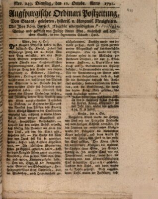 Augsburgische Ordinari Postzeitung von Staats-, gelehrten, historisch- u. ökonomischen Neuigkeiten (Augsburger Postzeitung) Dienstag 11. Oktober 1791