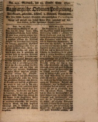 Augsburgische Ordinari Postzeitung von Staats-, gelehrten, historisch- u. ökonomischen Neuigkeiten (Augsburger Postzeitung) Mittwoch 12. Oktober 1791