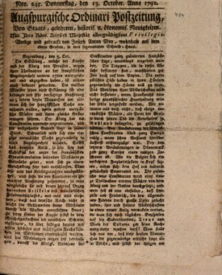 Augsburgische Ordinari Postzeitung von Staats-, gelehrten, historisch- u. ökonomischen Neuigkeiten (Augsburger Postzeitung) Donnerstag 13. Oktober 1791