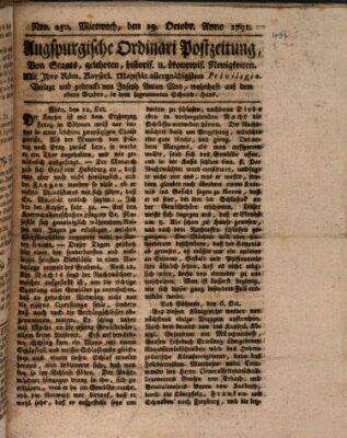 Augsburgische Ordinari Postzeitung von Staats-, gelehrten, historisch- u. ökonomischen Neuigkeiten (Augsburger Postzeitung) Mittwoch 19. Oktober 1791